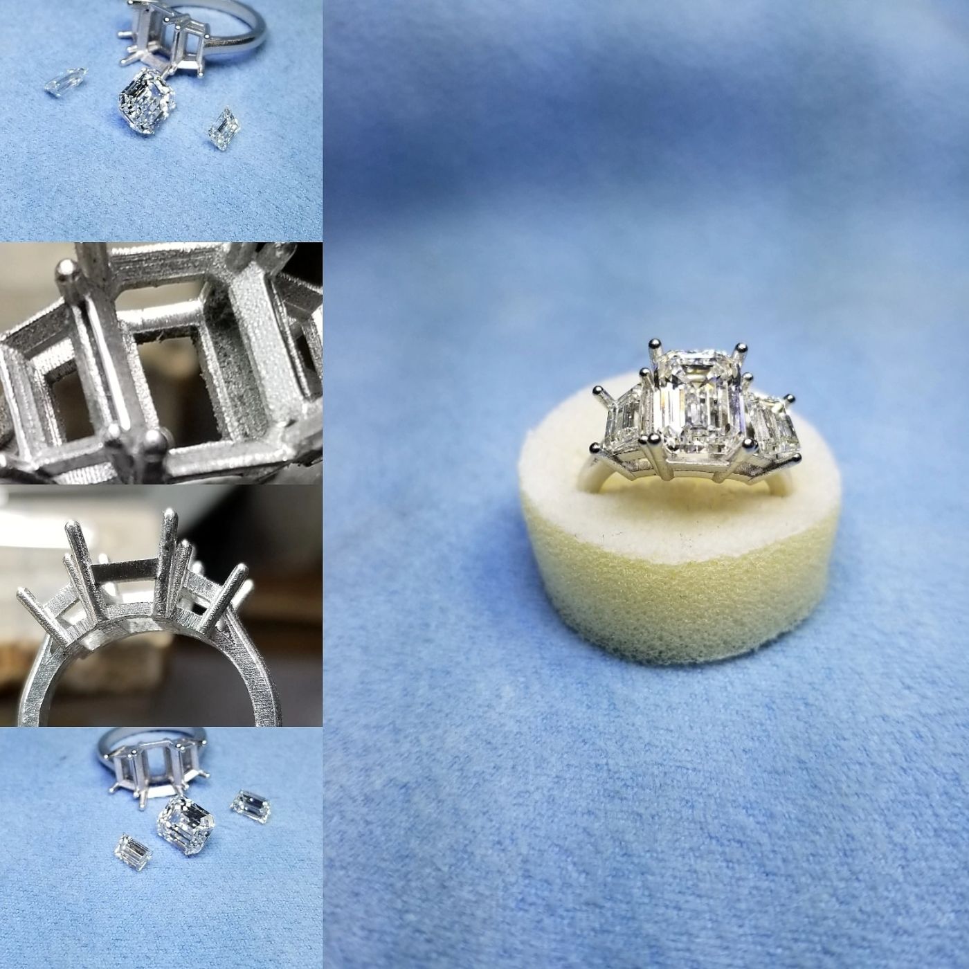 Three-stone emerald from mount to finish