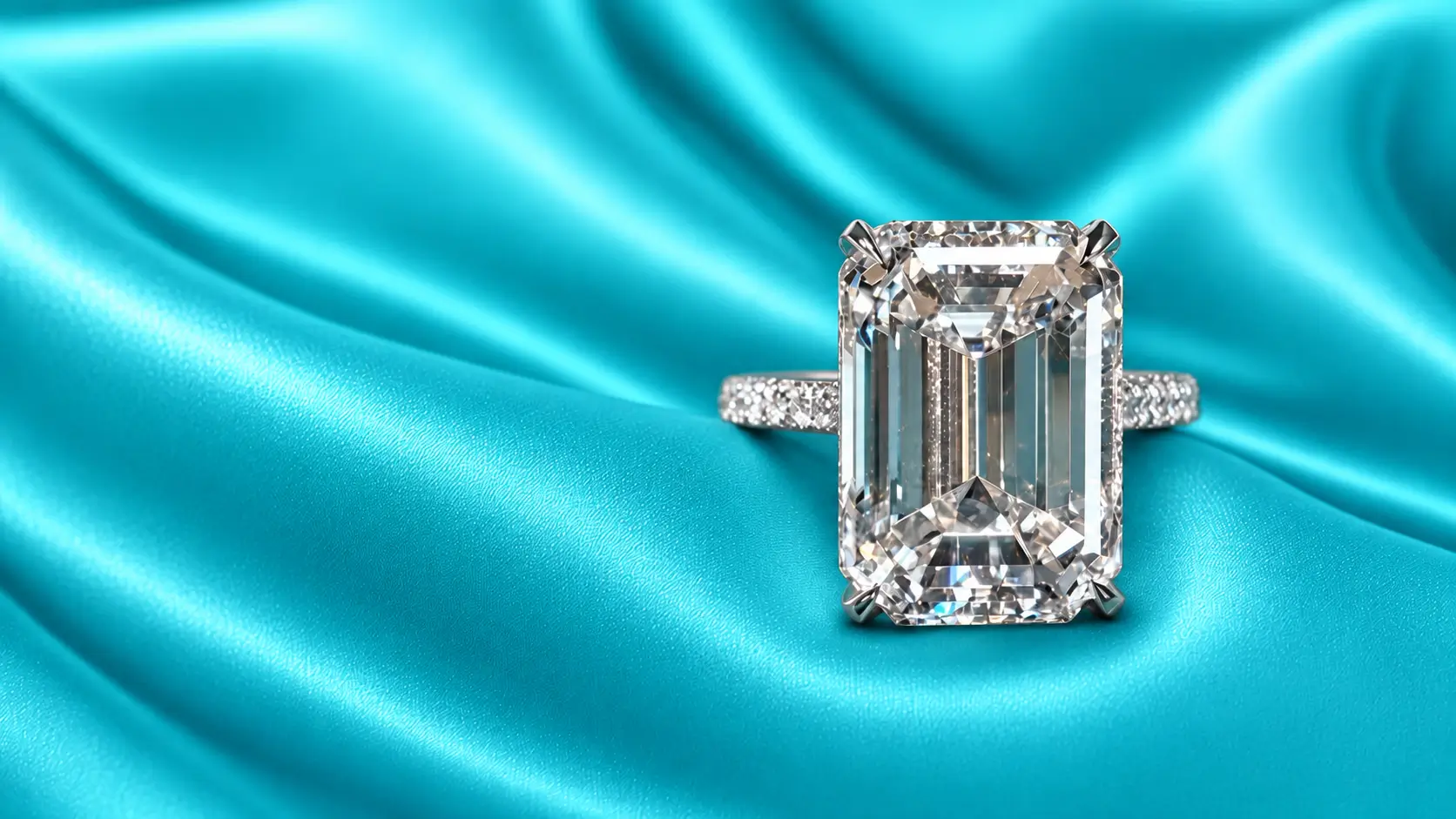 Emerald-cut diamond engagement ring with a pavé band